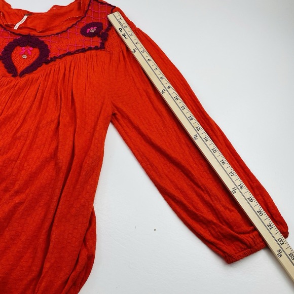 Free People Women Bohemian Peasant Top M Rust Orange Embroidered Long Sleeve - Picture 10 of 12